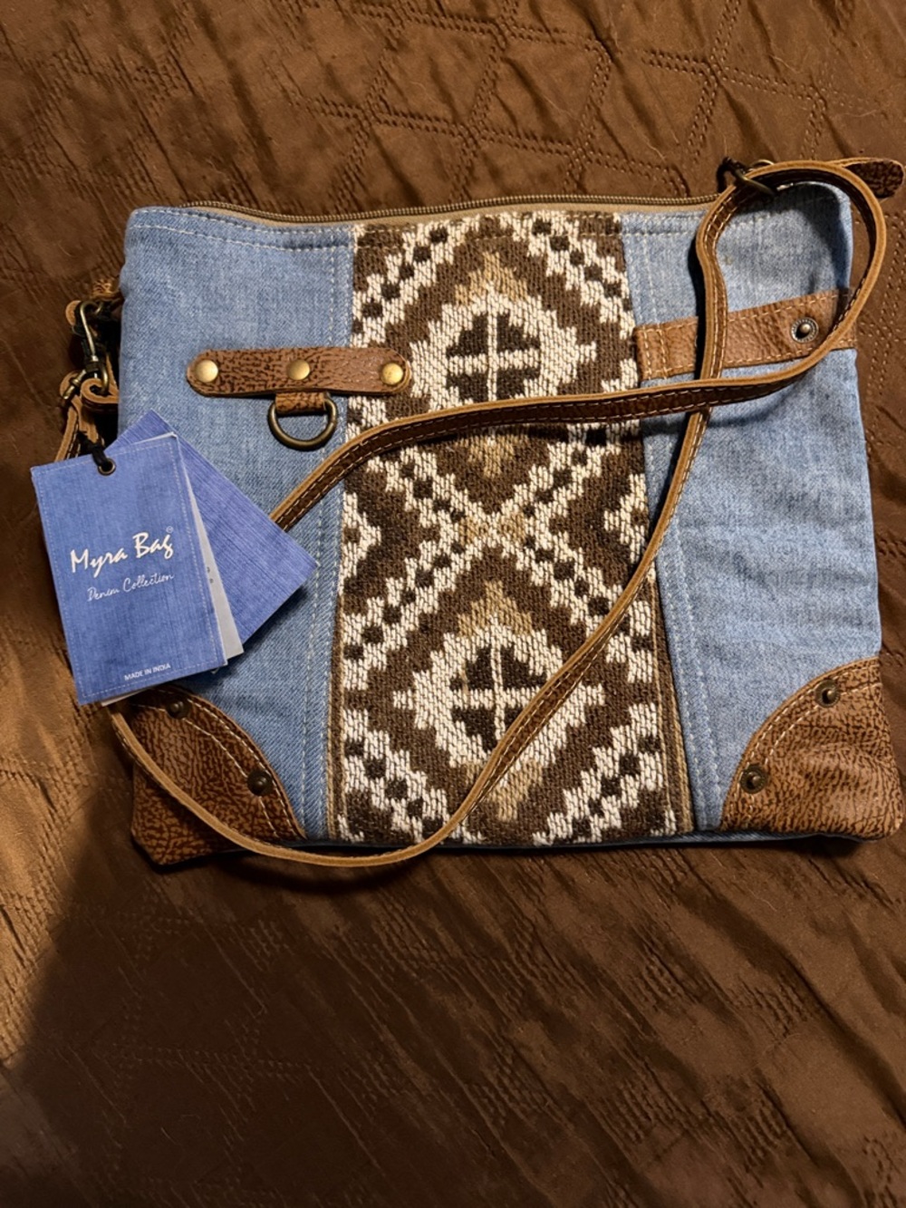 Myra Bag Blue Denim & Brown Crossbody with Woven Center
